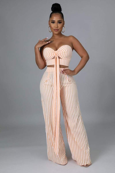 Striped Wide Leg Tube Top Pant Set