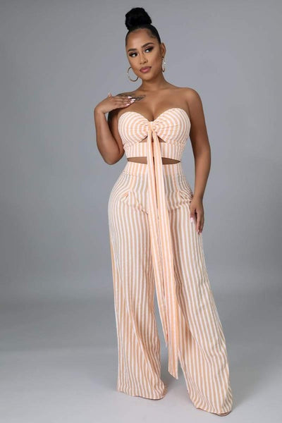 Striped Wide Leg Tube Top Pant Set