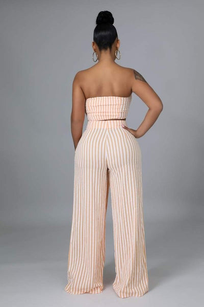 Striped Wide Leg Tube Top Pant Set