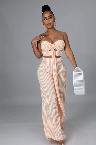 Striped Wide Leg Tube Top Pant Set