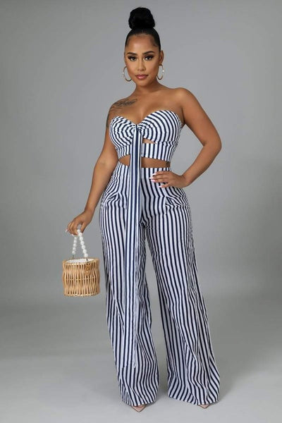 Striped Wide Leg Tube Top Pant Set