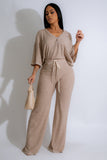 Thin Knit V-Neck Top & Wide Leg Pant Set