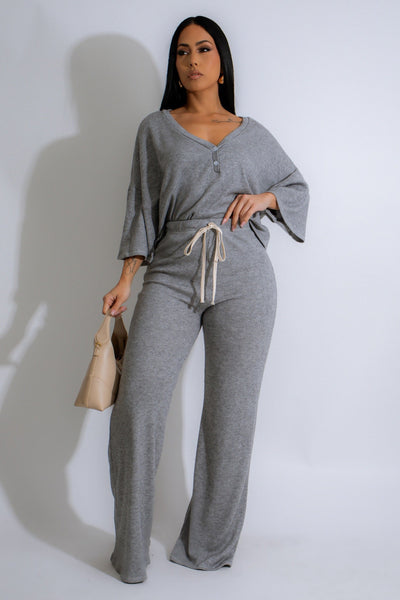 Thin Knit V-Neck Top & Wide Leg Pant Set